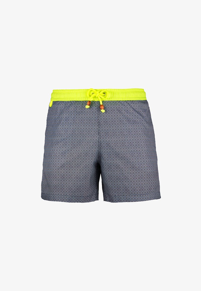 Shorts de bain navy avec un motif géométrique blanc, taille élastique en néon jaune et cordon de serrage avec des accents en bois.