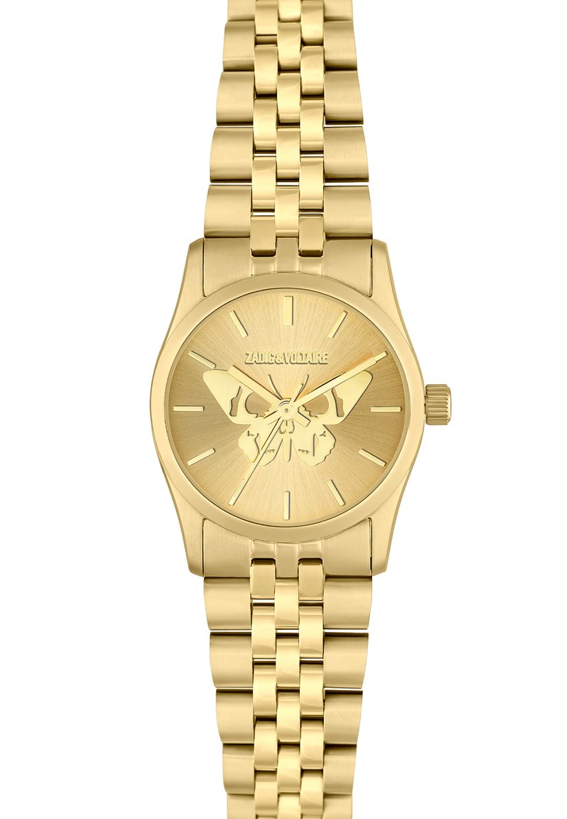 Zlatna narukvica s okruglom kućištem, mrežastim remenom i leptir motivom na brojčanik. Sadrži oznake sati i teksturiranu završnicu.