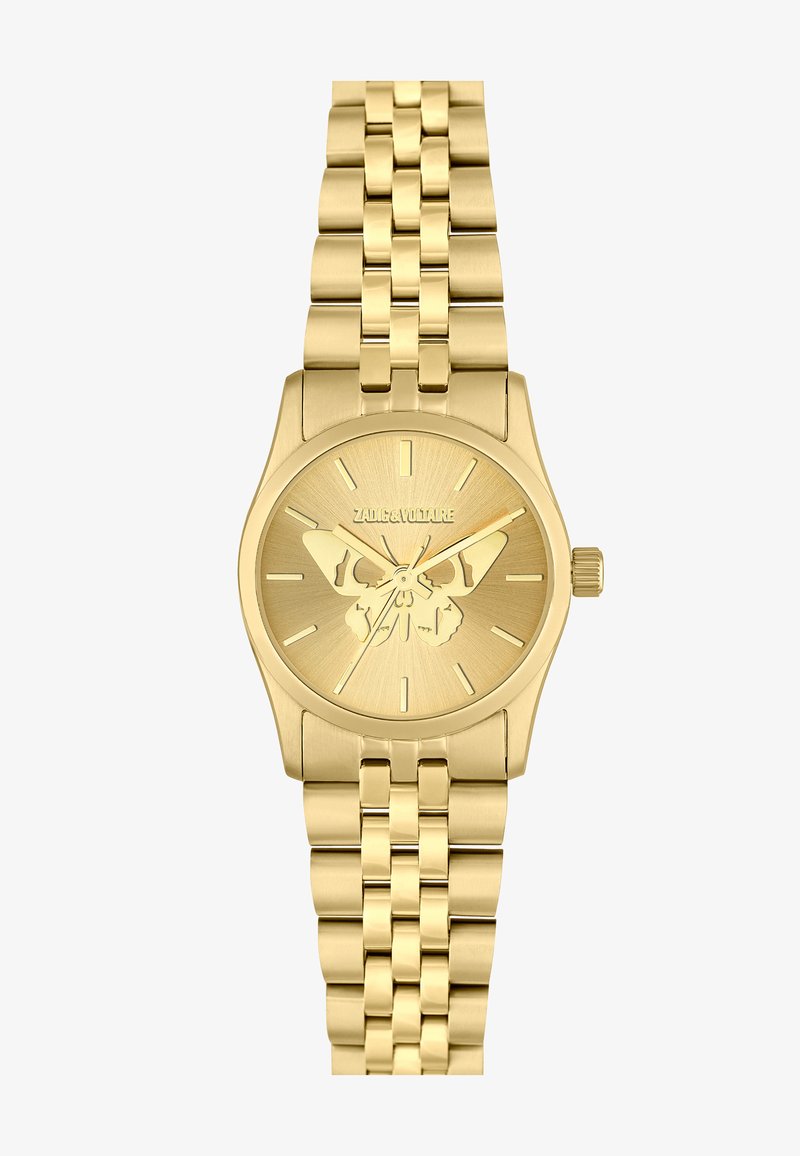 Zlatna narukvica s okruglom kućištem, mrežastim remenom i leptir motivom na brojčanik. Sadrži oznake sati i teksturiranu završnicu.