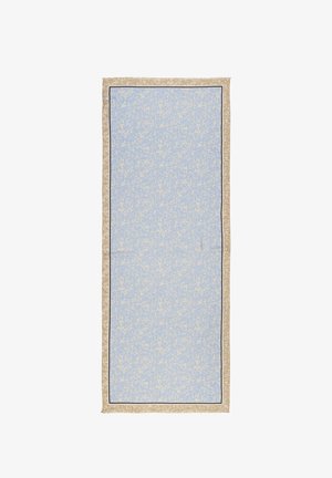Foulard bleu clair avec un délicat motif floral beige, bordé d'un bord beige texturé et souligné d'une fine ligne noire.