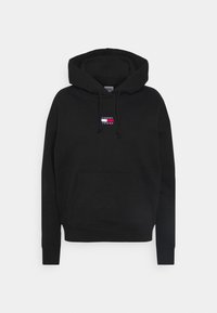Felpa nera con tasca frontale e stringhe, con un piccolo logo Tommy Jeans in rosso, bianco e blu sul petto.