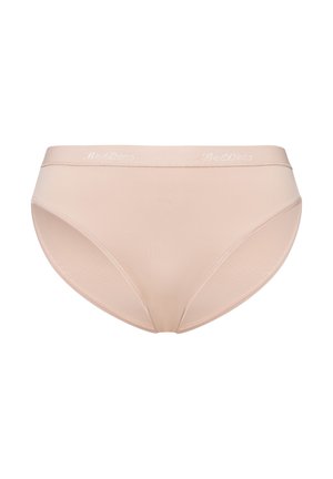Beige cotton-blend hipster briefs with a smooth texture and wide elastic waistband featuring subtle branding. Regular fit and full coverage design.