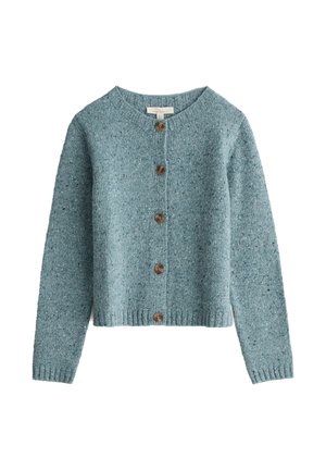 Blauwe gebloemde gebreide cardigan met lange mouwen en vijf bruine knopen aan de voorkant, met een ronde halslijn.