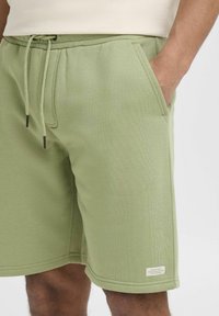 Lysegrønne bomuldsshorts med elastisk talje og snøre. Inkluderer sidelommer og et lille mærke på den nederste kant.