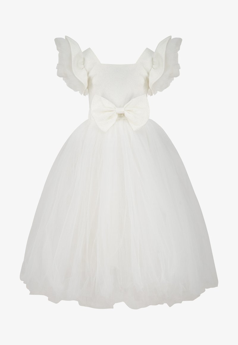 Robe blanche avec des manches courtes à volants, un corsage ajusté et un grand nœud à la taille, dotée d'une jupe en tulle volumineuse et d'une texture étincelante.