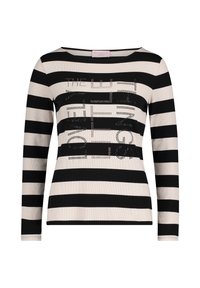 Zwart en crèmekleurig gestreept langemmouwtoppentje met een geribbelde textuur en strass-details aan de voorkant met het woord "LOVELY" opvallend weergegeven.