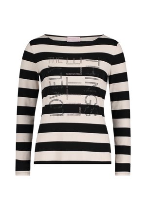 Czarny i kremowy pasiasty top z długim rękawem, wyróżniający się prążkowaną fakturą oraz detalami w postaci kryształków na przodzie, na którym wyraźnie widnieje słowo "LOVELY".