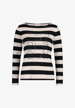 Schwarz- und cremegestreiftes Langarmoberteil mit gerippter Textur und Strassdetails auf der Vorderseite, auf der das Wort "LOVELY" prominent angezeigt wird.