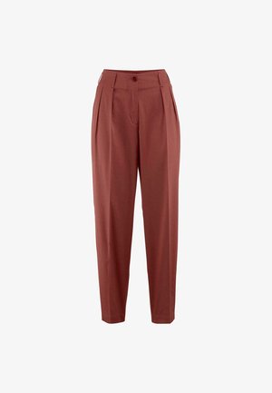 Pantaloni color ruggine con vita alta, davanti plissettato e chiusura con bottone. Realizzati in tessuto liscio, con gambe dritte e senza motivi visibili.