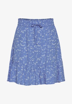 Šviesiai mėlyna gėlių sijonas su sukauptu elastingu juosmeniu, raištelio detale ir raukšlėtu sijono galu. Medžiaga turi mažų baltų gėlių raštų visame paviršiuje.