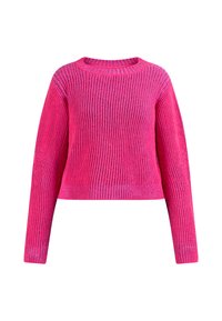 Rosa, verkürzter Pullover aus geripptem Strickstoff. Verfügt über lange Ärmel und einen runden Ausschnitt mit einem dezenten Farbverlauf.