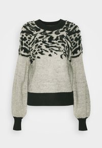 Leopard-patterned sweater in grey and black. Features a textured knit with puffed sleeves and a ribbed hem and cuffs.
