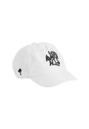 Weißes Baseballcap mit schwarzem Sticktext "Alshan Nits London" vorne und einer kleinen Palme an der Seite.