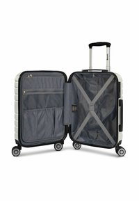 Valigia rigida bianca con interno grigio, doppie compartimenti, tasche con zip e cinghie regolabili. Dotata di quattro ruote girevoli e maniglia telescopica.