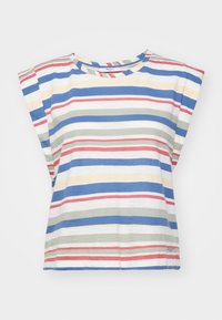 T-shirt à manches courtes rayé en tissu doux, avec des rayures bleues, rouges, vertes et jaunes sur un fond blanc. Col rond.