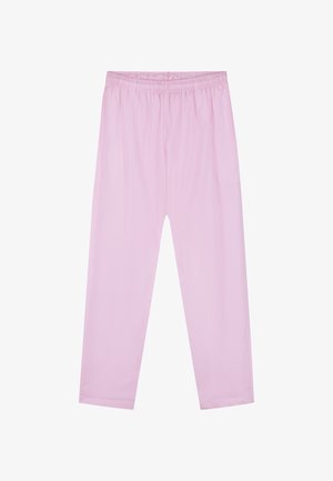 Lys rosa elastiske bukser med rett ben og elastisk midje, laget av mykt stoff, vist flatt på en hvit bakgrunn.