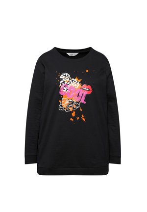 Felpa nera con maniche lunghe, caratterizzata da un design grafico nei colori come rosa, arancione e bianco, compresi testo e labbra in evidenza.