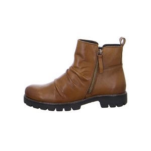 Stivaletto alla caviglia in pelle marrone con cerniera laterale, suola nera robusta e linguetta posteriore, mostrato dal lato esterno.