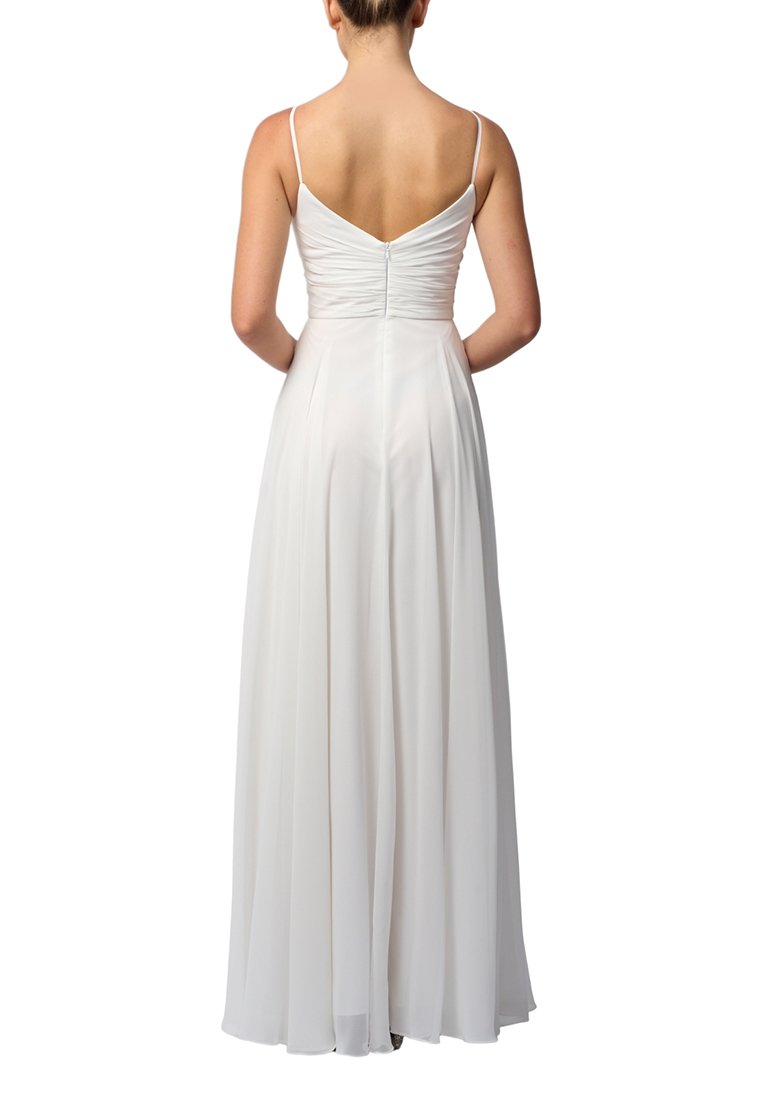 Biała maxi sukienka z cienkimi, regulowanymi ramiączkami, marszczonym gorsetem i zwiewnym dołem. Gładki materiał z subtelnym połyskiem, zamek z tyłu.