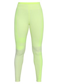 Leggings amarillos neón fabricados con un material elástico de textura suave. Presenta paneles de malla horizontales y verticales para una mejor transpirabilidad.