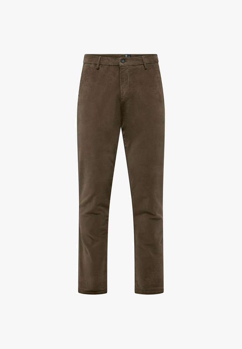 Bruine corduroy broek met een rechte pasvorm, voorzien van een knoop- en ritssluiting, riemlussen en zijzakken. Glad textuur.