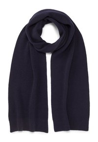 Marineblau gestrickter Schal mit gerippter Struktur, lang und rechteckig, zu einer Schlaufe gefaltet. Die Kanten haben einen glatten Abschluss für einen sauberen Look.