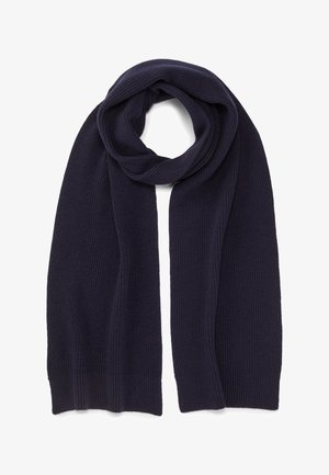 Marineblauwe gebreide sjaal met geribbelde textuur, lange rechthoekige vorm, gevouwen in een lus. De randen hebben een gladde afwerking voor een nette uitstraling.