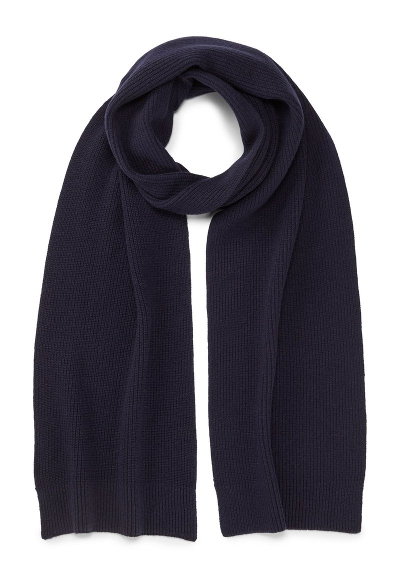 Marineblau gestrickter Schal mit gerippter Struktur, lang und rechteckig, zu einer Schlaufe gefaltet. Die Kanten haben einen glatten Abschluss für einen sauberen Look.