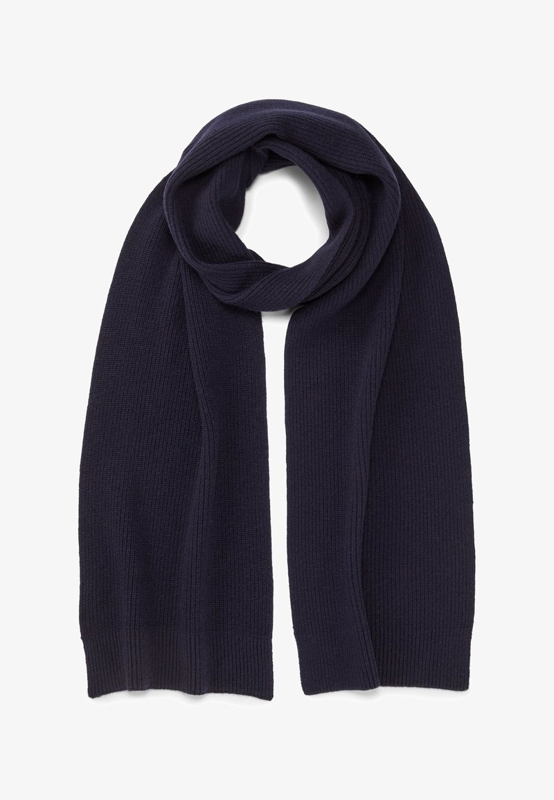 Marineblau gestrickter Schal mit gerippter Struktur, lang und rechteckig, zu einer Schlaufe gefaltet. Die Kanten haben einen glatten Abschluss für einen sauberen Look.