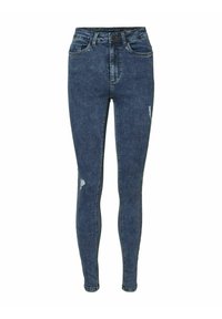 Džíny s vysokým pasem v tmavě modré džínovině s mírným elastickým vláknem, s poškozenými detaily, pěti kapsami a kontrastním prošitím.