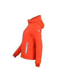 Veste softshell orange avec capuche, dotée de poches zippées à l'avant et d'accents texturés sur les manches. Poignets élastiqués et design ajusté.