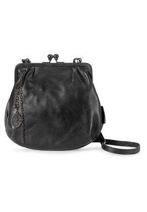Black leather handbag with a pleated design, metal clasp closure, and a decorative chain accent. Flat base for stable positioning.