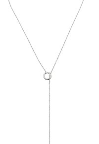 Silver metal necklace featuring a circular pendant at the center, with a delicate chain that hangs straight down.