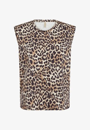 Débardeur marron sans manches avec un imprimé léopard noir et crème, encolure ronde, tissu doux, ourlet droit et sans quincaillerie visible.