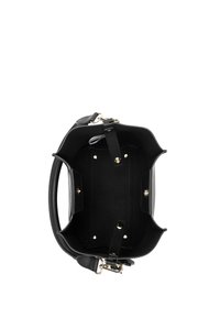 Black leather handbag with a structured shape, opened view showing interior, and gold-tone hardware accents on sides and base.