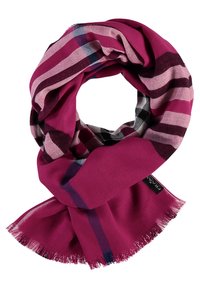 Écharpe magenta vif avec des rayures à carreaux rose, noir et bleu marine, tissu doux et bords à franges, pliée en forme circulaire.