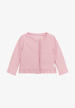 Giacca rosa chiaro in tessuto liscio, maniche lunghe, scollatura rotonda, chiusura con bottoni a pressione, orlo arricciato, accento a forma di cuore argentato sul bordo.