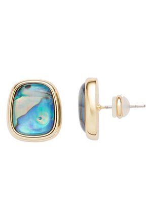 Boucles d'oreilles carrées en or avec bords arrondis, ornées d'une incrustation irisée en nacre d'ormeau bleu-vert et dotées de fermoirs transparents sécurisés.