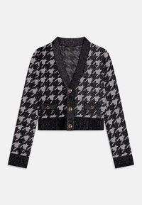Czarny i biały kardigan w wzór houndstooth, krótki, z dekoltem w serek, czterema guzikami i dwiema przednimi kieszeniami. Wykonany z fakturowanej dzianiny.