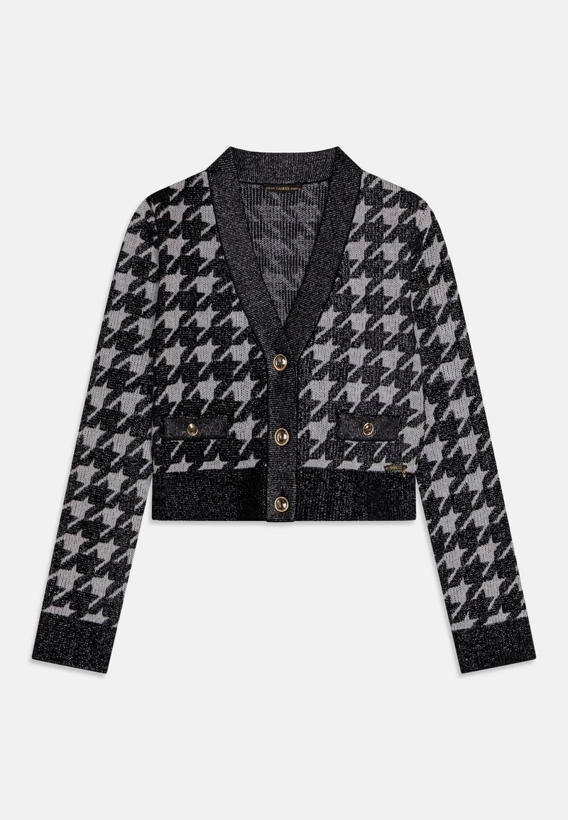 Czarny i biały kardigan w wzór houndstooth, krótki, z dekoltem w serek, czterema guzikami i dwiema przednimi kieszeniami. Wykonany z fakturowanej dzianiny.