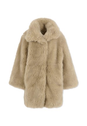Cappotto in pelliccia sintetica beige con ampio colletto, maniche lunghe e vestibilità morbida. Superficie texturizzata con un aspetto morbido e fluffoso. Aperture frontali visibili.