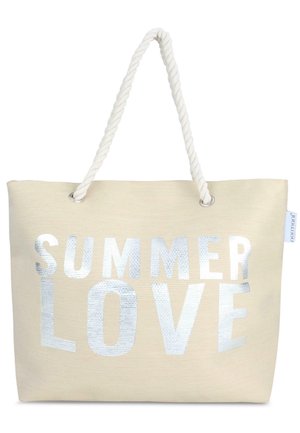 Canvas-Shopper-Tasche in Cremefarbe mit silbermetallic Schriftzug "SUMMER LOVE" auf der Vorderseite und dicken, gedrehten Seilgriffen.
