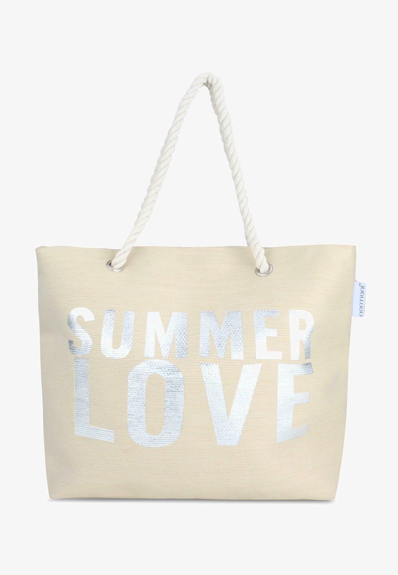 Canvas-Shopper-Tasche in Cremefarbe mit silbermetallic Schriftzug "SUMMER LOVE" auf der Vorderseite und dicken, gedrehten Seilgriffen.
