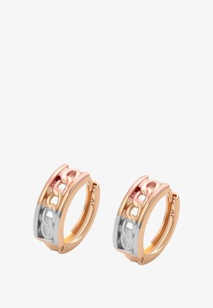 Un paio di orecchini a cerchio in oro rosa e argento con dettaglio a catena sul fronte, finitura lucida e chiusura a scatto.