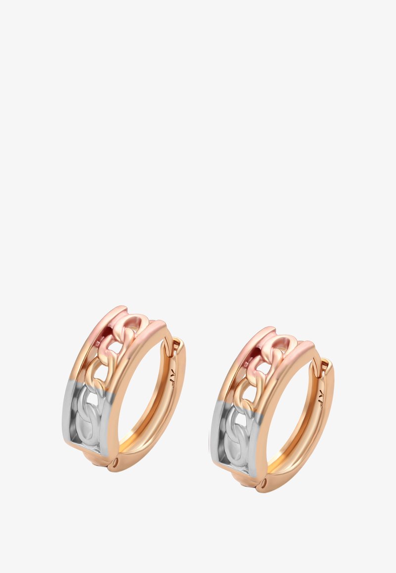 Roosakulla ja hõbetooni kaudu keti linkidega detailide ning poleeritud viimistlusega kõrvarõngaste paar, mis sulgub hingedega klappiga.