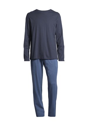 Marineblauwe langemouwen top met ronde halslijn en bijpassende blauwe broek. Beide kledingstukken hebben een gladde textuur en een ontspannen pasvorm.