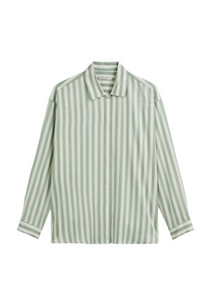 Light green striped long-sleeve shirt with a pointed collar, front button closure, and a relaxed fit. Smooth, lightweight fabric.