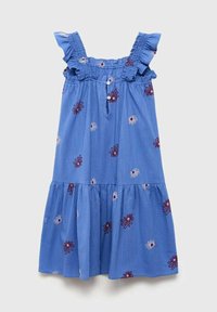 Blå bomullsklänning med volantaxlar, blommig broderi i vitt och rött, knapdetails framtill och design med flera lager i kjolen.