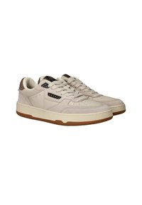 Lichtbeige sneakers van een mix van suede en leer, met een textuur van witte zool en bruine accenten. Gestrikt met een klassiek ontwerp.