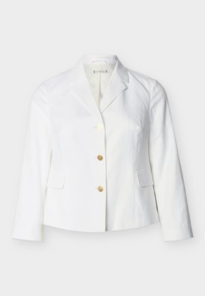 Hvit blazer for kvinner med hakkrage, tre gullknapper, lange ermer og to frontlommer med klaff.